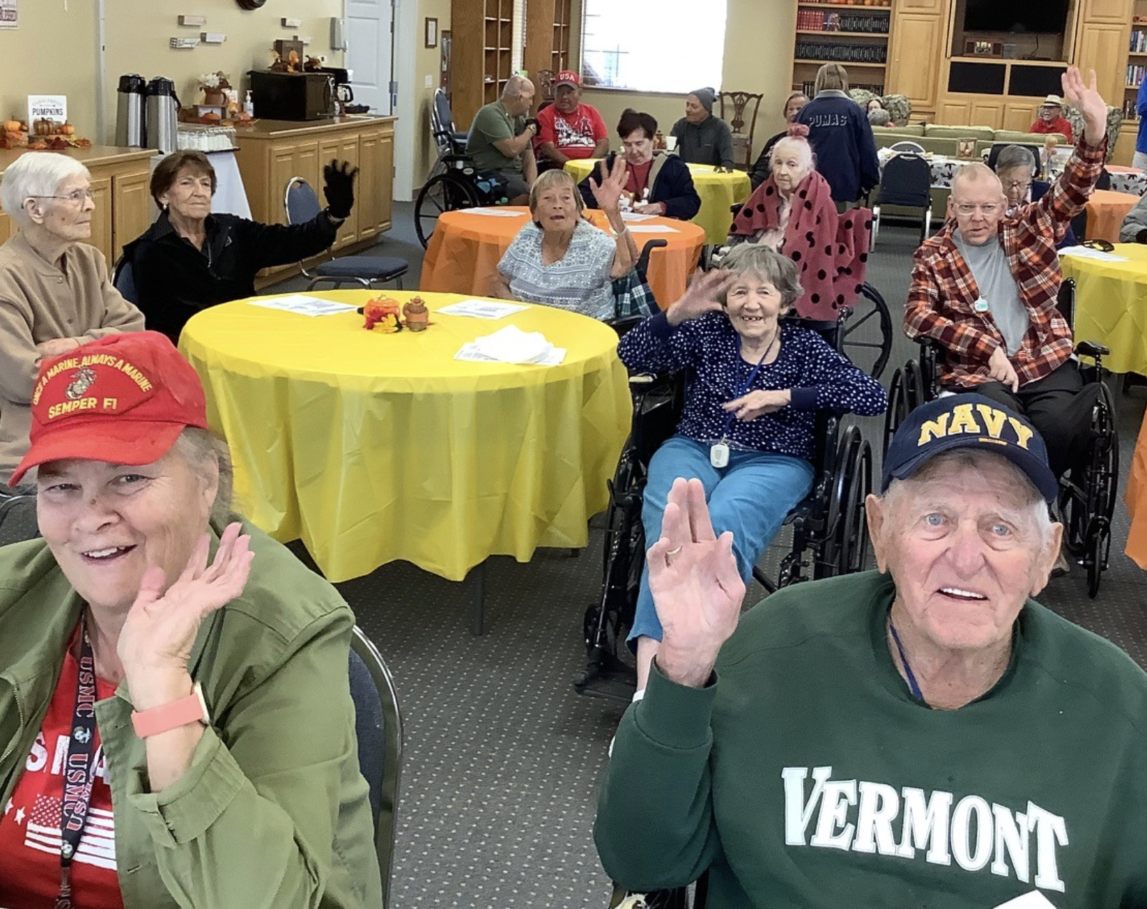 Happy Veterans smiling at Wildomar Senior Living 